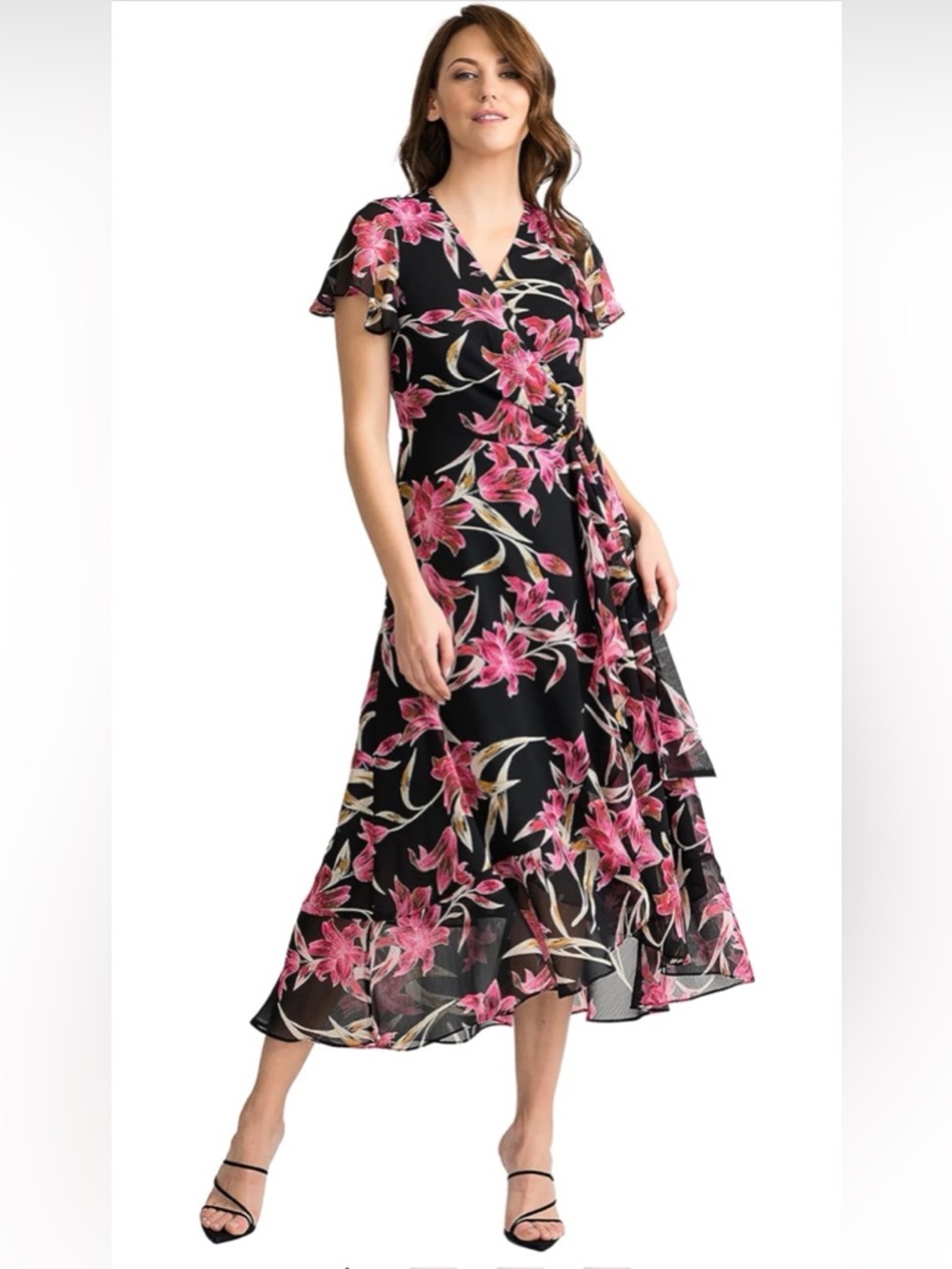 Joseph Ribkoff Black Maxi Dress with Pink Floral Print
